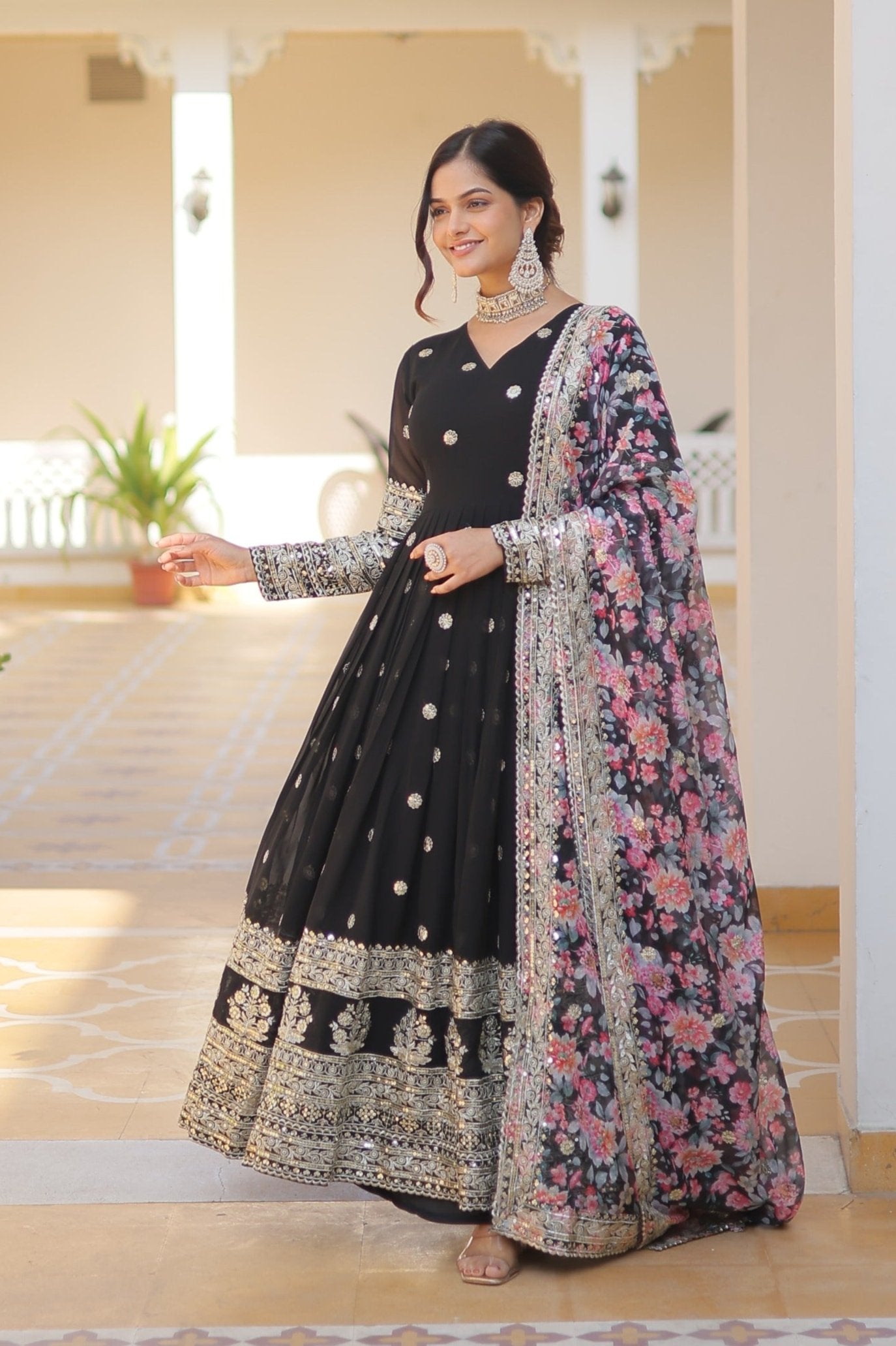 FESTIVAL READY MADE FLARED EMBROIDERED GOWN FOR WOMEN WITH PRINTED DUPATTA SET