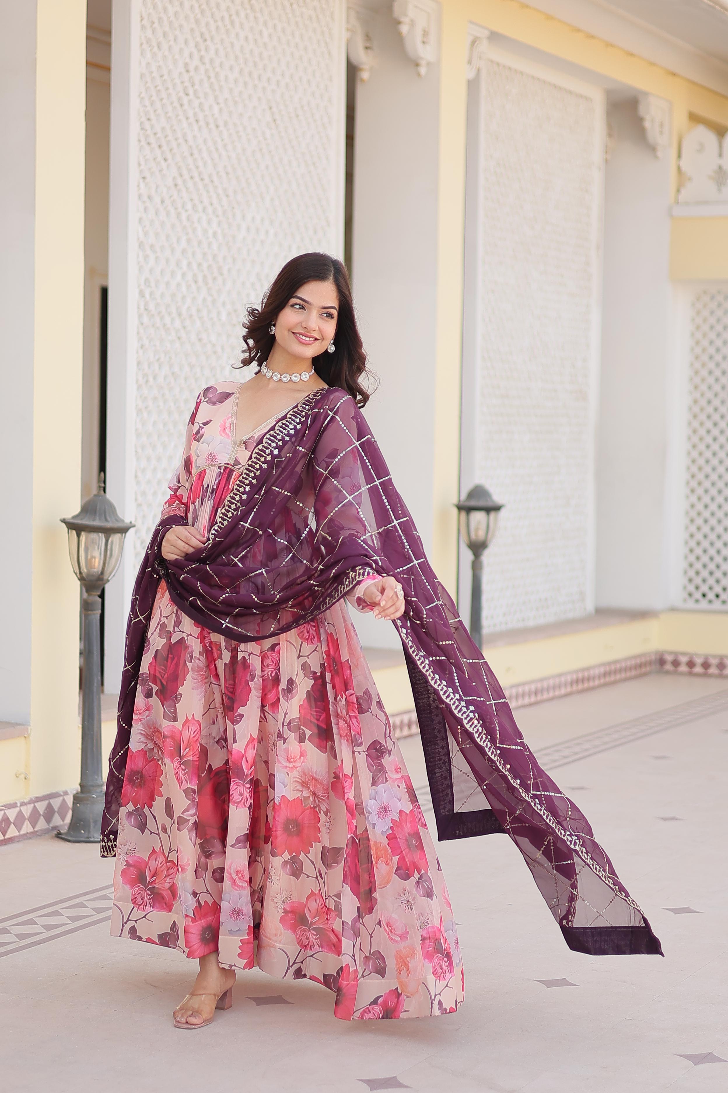 ELEGANT RUSSAIN SILK ALIA CUT GOWN WITH EMBROIDRED DUPATTA SET