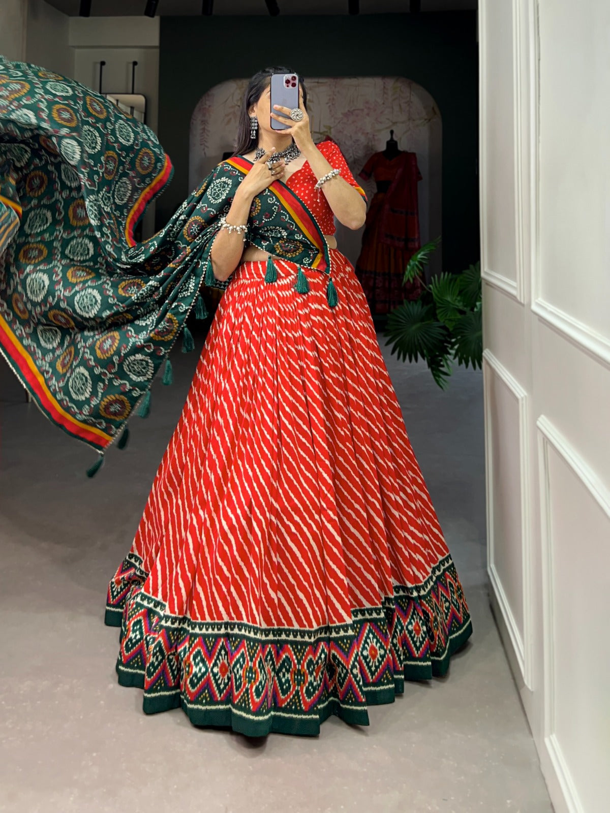 ELEGANT LEHERIYA PRINT TUSSAR SILK LEHENGA CHOLI