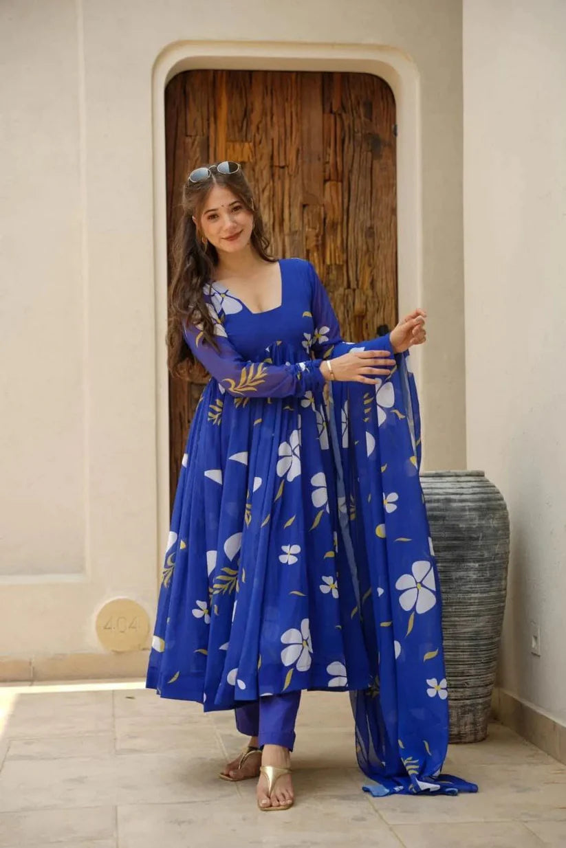 WOMEN'S FLARED FLORAL PRINTED GOWN WITH DUPPATA AND PANT