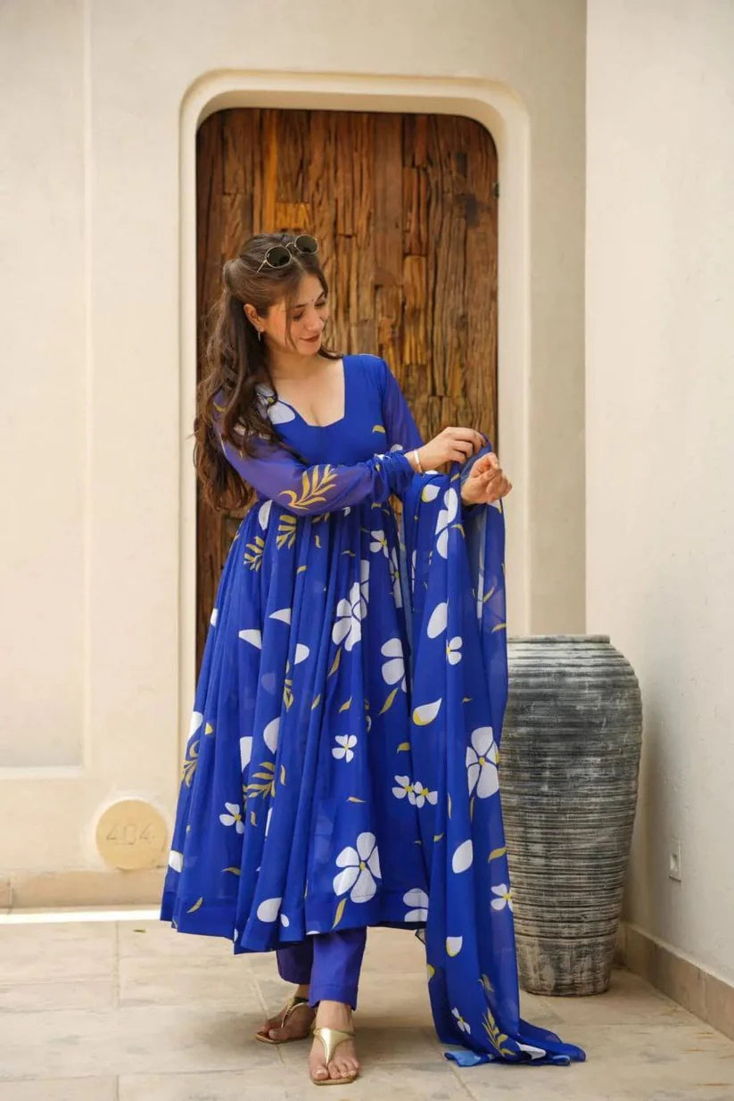 WOMEN'S FLARED FLORAL PRINTED GOWN WITH DUPPATA AND PANT