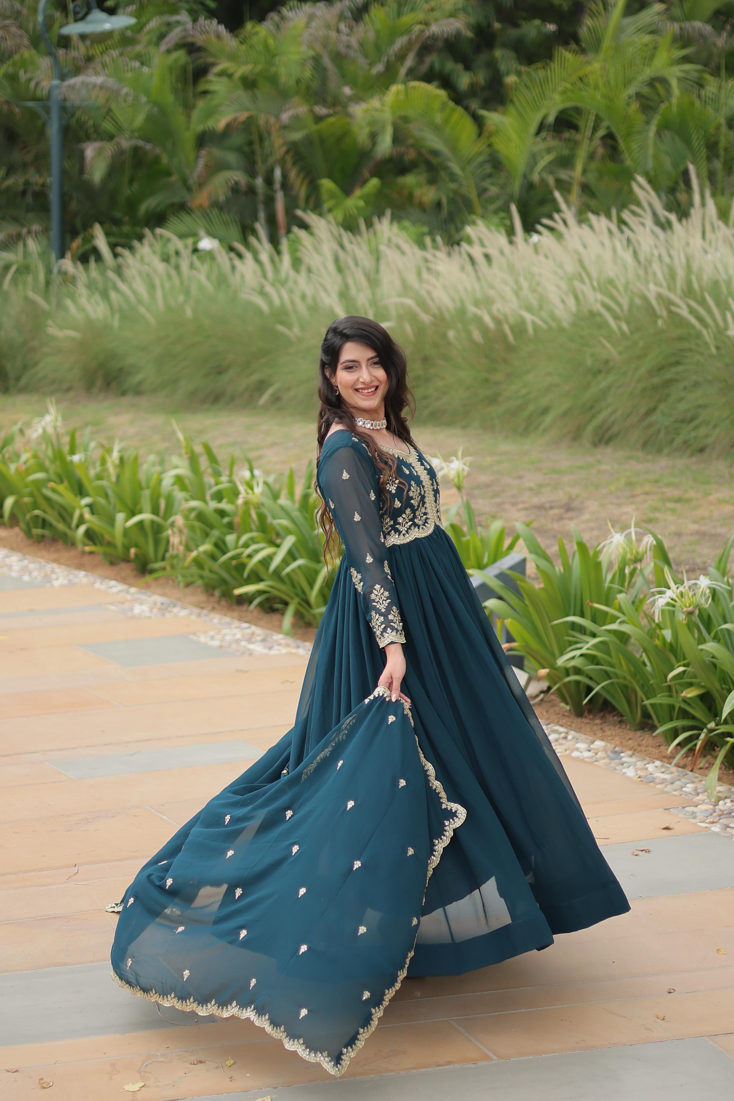 WOMEN'S FLARED GOWN WITH EMBROIDERED DUPATTA