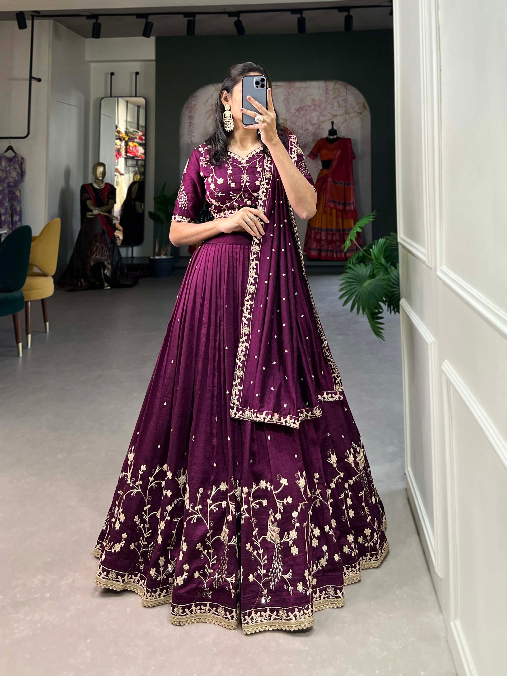 ELEGANT VICHITRA SILK LEHENGA SET WITH SEQUINCE AND THREAD EMBROIDERY