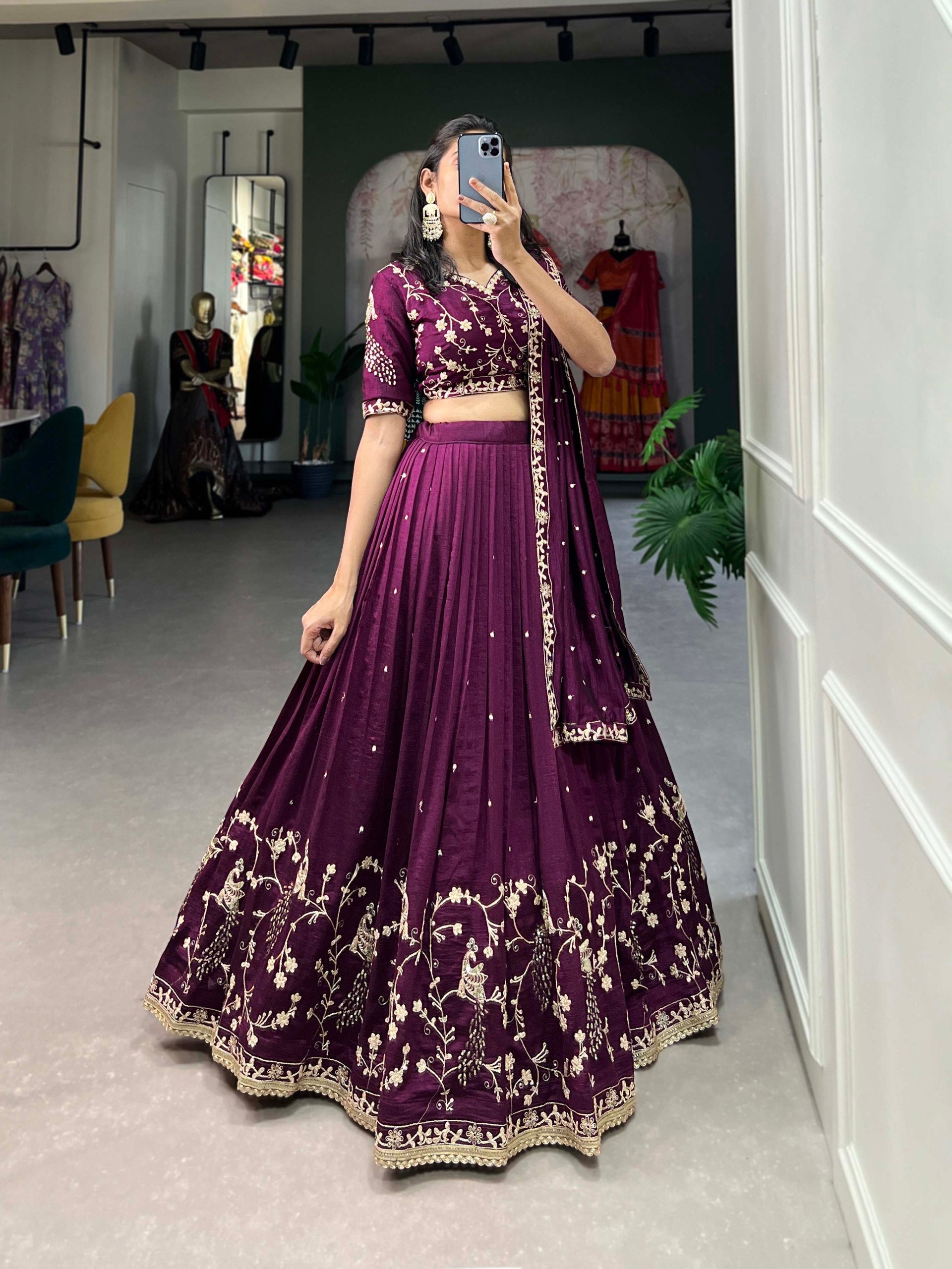 ELEGANT VICHITRA SILK LEHENGA SET WITH SEQUINCE AND THREAD EMBROIDERY