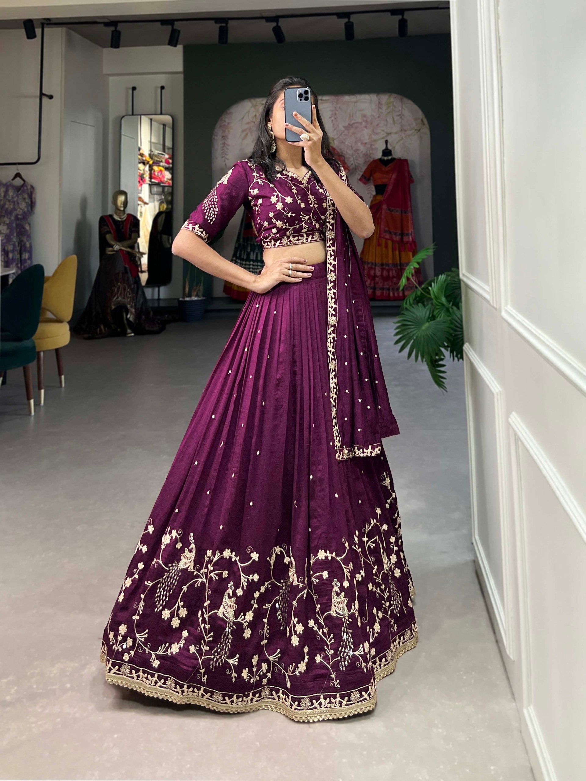 ELEGANT VICHITRA SILK LEHENGA SET WITH SEQUINCE AND THREAD EMBROIDERY