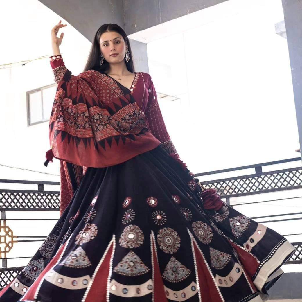 CELEBRATE NAVRATRI 2024 IN STYLE WITH REYON DESIGNER PRINTED LEHENGA CHOLI AND REAL MIRROR WORK DUPATTA