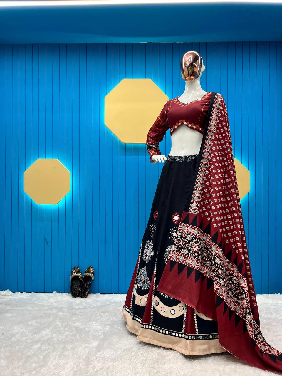 CELEBRATE NAVRATRI 2024 IN STYLE WITH REYON DESIGNER PRINTED LEHENGA CHOLI AND REAL MIRROR WORK DUPATTA