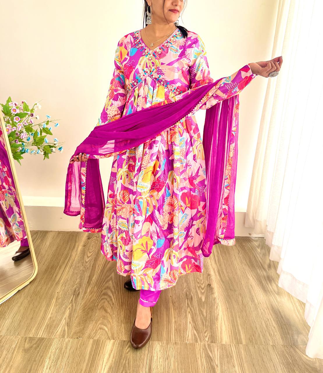 PARTY WEAR FLARED PRINTED KURTA SET WITH DUPATTA AND PANT