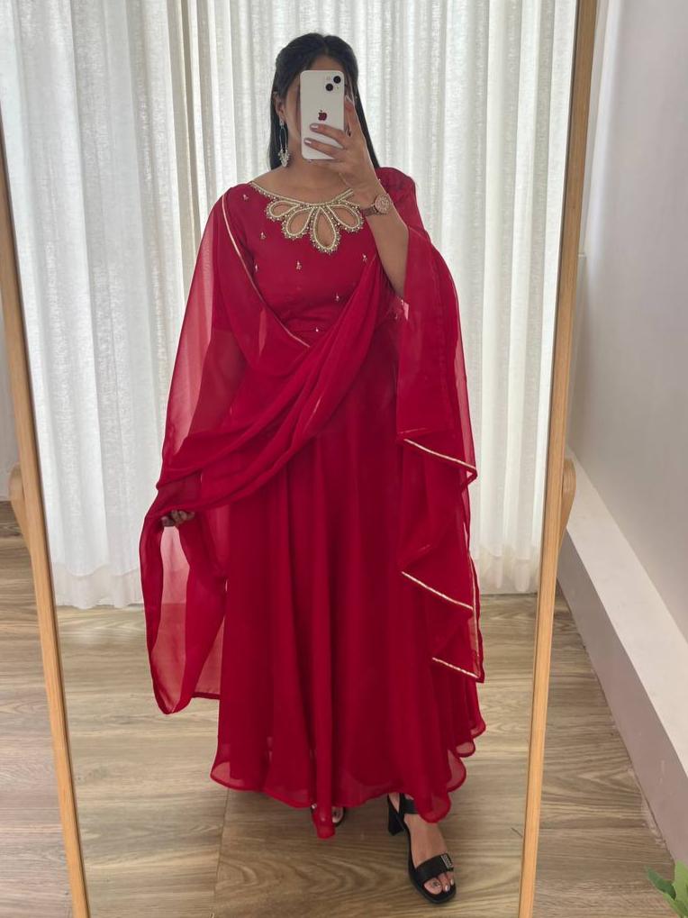 PARTY WEAR RED GOWM FOR WOMEN WITH DUPATTA