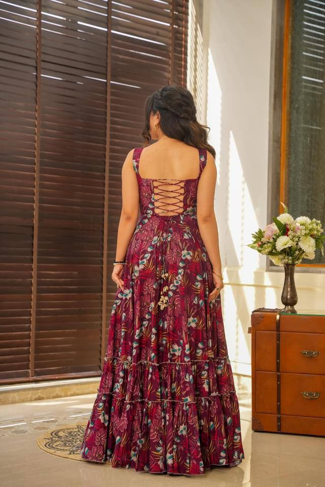 PARTY WEAR PRINTED GOWN FOR WOMEN WITH BACKLESS NECK STYLE