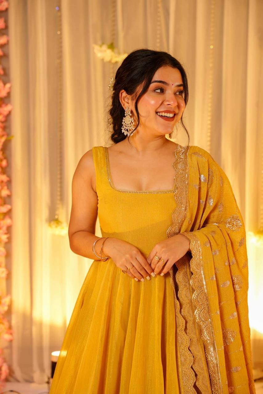 TRENDING YELLOW FLARED GOWN FOR WOMEN