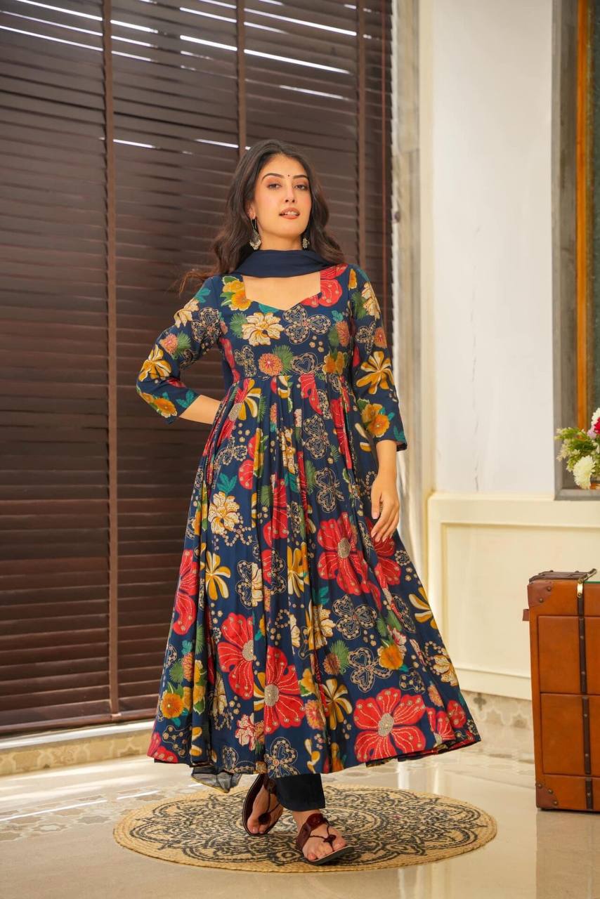 WOMEN'S FLORAL FLARED GOWN PAIRED WITH DUPPATTA AND PANT